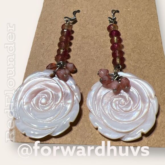 Exquisite Silvertone Dangle Earrings | Carved Rose Mother of Pearl | Flower Them - Picture 5 of 8